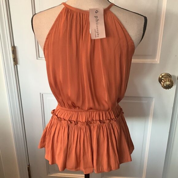 PHILOSOPHY GATHERED HALTER-NECK PEPLUM-TOP IN TERRACOTTA NWT - Picture 4 of 10